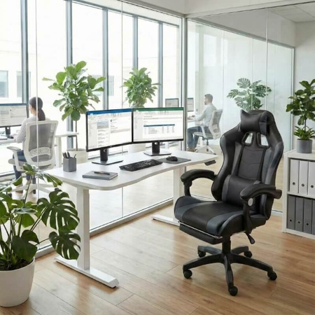 Krzesło do biurka HILE LP209G-B – obrotowy fotel czarno-szary, młodzieżowy z podnóżkiem