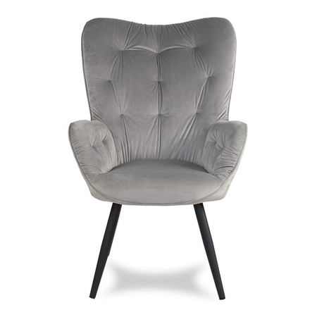 Fotel uszak z weluru na metalowych czarnych  nogach skandynawski do salonu szary F916G
