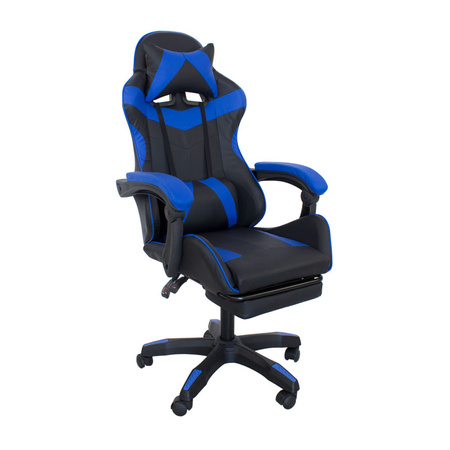 Fotel gamingowy Hile LP709B-BL z podnóżkiem – ergonomiczny, czarno-granatowy, wysokie oparcie, ekoskóra