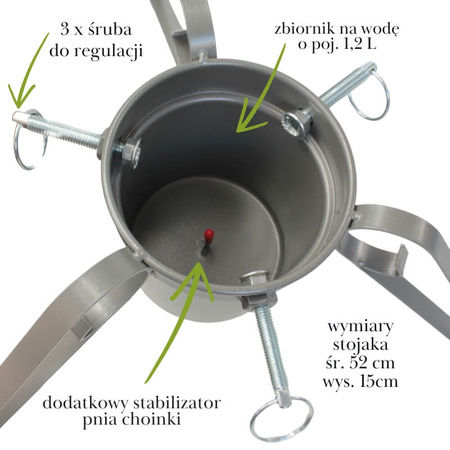 Stojak na choinkę – srebrny metalowy trójnóg z pojemnikiem na wodę, do 2,1 m H6303G