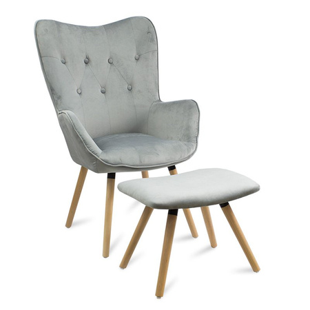 Fotel uszak z weluru pikowany na drewnianych nogach z podnóżkiem F150G szary