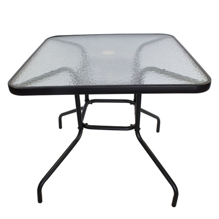 Stół ogrodowy szklany 80x80 cm – czarny, z otworem na parasol, odporny na warunki atmosferyczne H23S019
