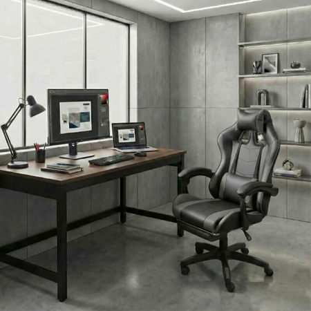 Krzesło do biurka HILE LP209G-B – obrotowy fotel czarno-szary, młodzieżowy z podnóżkiem