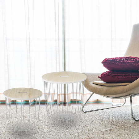 Okrągły stolik kawowy z koszem druciany mały z drutu drewniany blat SK105W-35