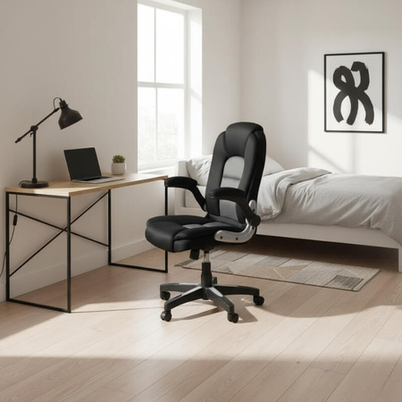 Krzesło biurowe obrotowe HILE L204B-G – ergonomiczne do biurka, czarno-szare siateczkowe z podnoszonymi podłokietnikami