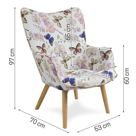 Fotel uszak na drewnianych nogach welur z podnóżkiem kwiaty i motyle FP202