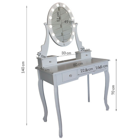  Toaletka kosmetyczna z lustrem owal z oświetleniem LED + taboret biała K001
