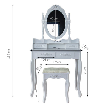 Toaletka kosmetyczna z lustrem taboretem do pokoju biała K008