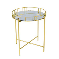 Stolik kawowy złoty, mały, metalowy, okragły blat lustro, paski TAB-164