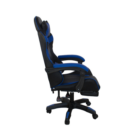 Fotel gamingowy Hile LP709B-BL z podnóżkiem – ergonomiczny, czarno-granatowy, wysokie oparcie, ekoskóra