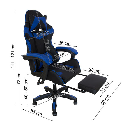 Fotel gamingowy Hile LP709B-BL z podnóżkiem – ergonomiczny, czarno-granatowy, wysokie oparcie, ekoskóra