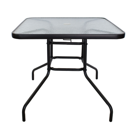 Stół ogrodowy szklany 80x80 cm – czarny, z otworem na parasol, odporny na warunki atmosferyczne H23S019
