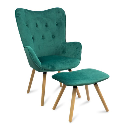 Fotel uszak z weluru pikowany na drewnianych nogach z podnóżkiem F150GR zielony