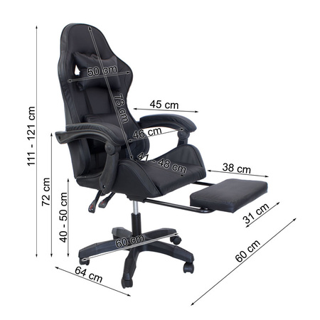 Ergonomiczny fotel gamingowy LP709B-B z podnóżkiem – czarny, obrotowy, elegancki