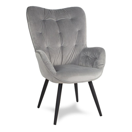 Fotel uszak z weluru na metalowych czarnych  nogach skandynawski do salonu szary F916G