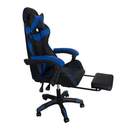 Fotel gamingowy Hile LP709B-BL z podnóżkiem – ergonomiczny, czarno-granatowy, wysokie oparcie, ekoskóra