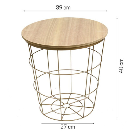 Stolik kawowy kosz druciany z drewnianym blatem MDF do salonu złoty SK109G
