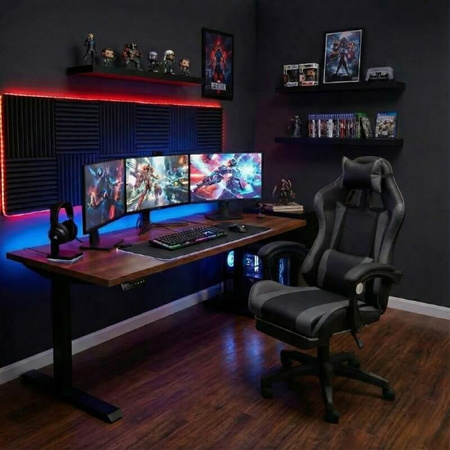 Krzesło do biurka HILE LP209G-B – obrotowy fotel czarno-szary, młodzieżowy z podnóżkiem