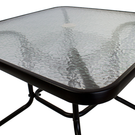Stół ogrodowy szklany 80x80 cm – czarny, z otworem na parasol, odporny na warunki atmosferyczne H23S019