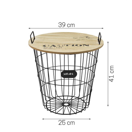 Okrągły stolik kawowy z koszem druciany mały z drutu drewniany blat SK102B-38