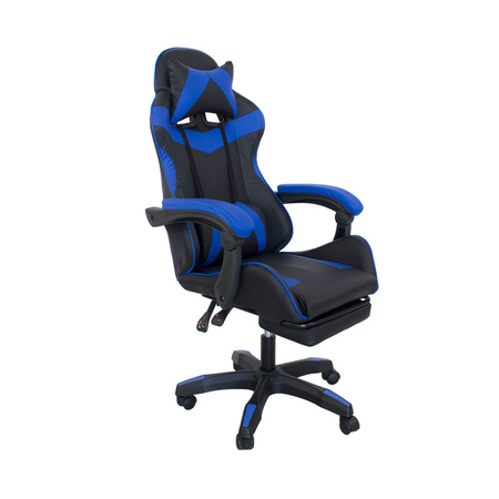 Fotel gamingowy Hile LP709B-BL z podnóżkiem – ergonomiczny, czarno-granatowy, wysokie oparcie, ekoskóra