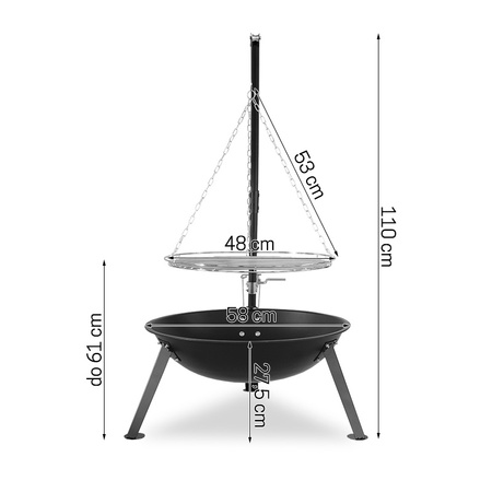 Grill węglowy z paleniskiem i regulowanym rusztem wiszącym okrągłym 59cm czarny GW0104