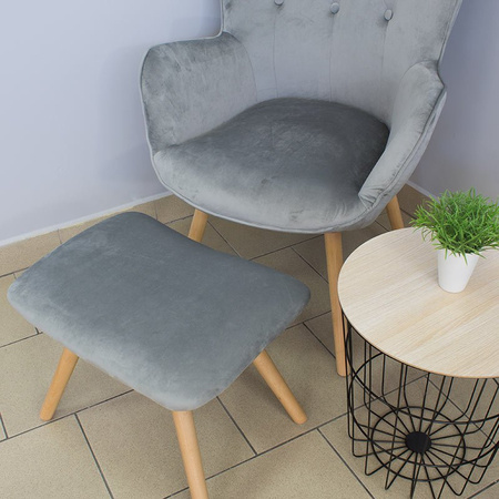 Fotel uszak z weluru pikowany na drewnianych nogach z podnóżkiem F150G szary