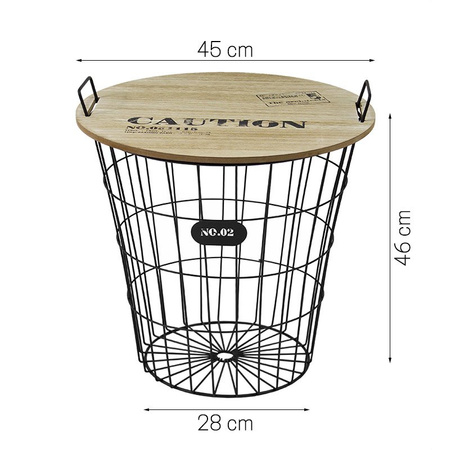 Okrągły stolik kawowy z koszem druciany duży z drutu drewniany blat SK102B-45