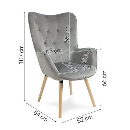 Fotel uszak z weluru pikowany na drewnianych nogach z podnóżkiem F150G szary