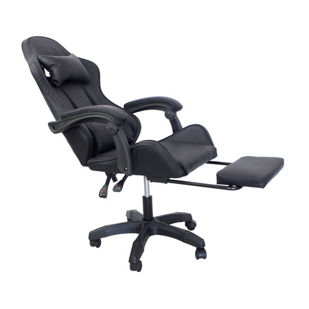 Ergonomiczny fotel gamingowy LP709B-B z podnóżkiem – czarny, obrotowy, elegancki