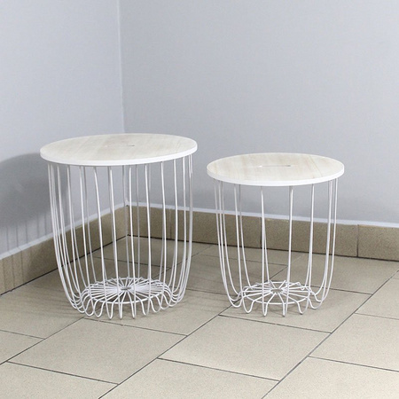 Okrągły stolik kawowy z koszem druciany mały z drutu drewniany blat SK105W-35