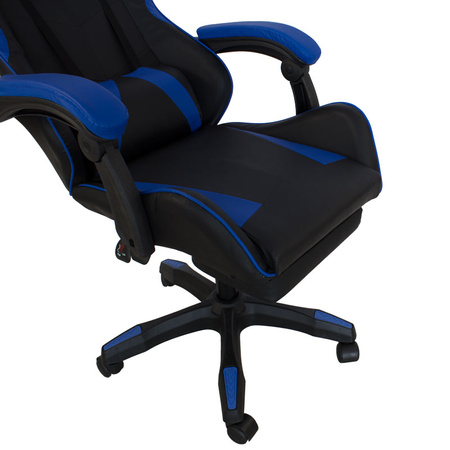 Fotel gamingowy Hile LP709B-BL z podnóżkiem – ergonomiczny, czarno-granatowy, wysokie oparcie, ekoskóra