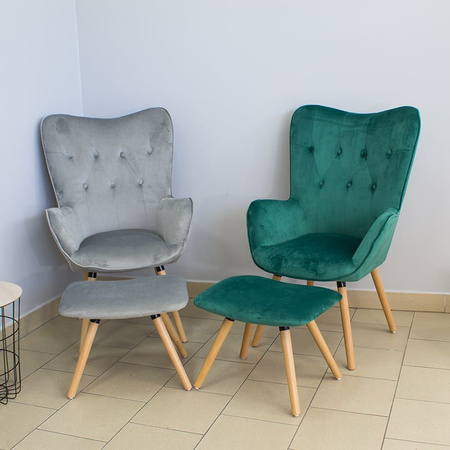 Fotel uszak z weluru pikowany na drewnianych nogach z podnóżkiem F150G szary