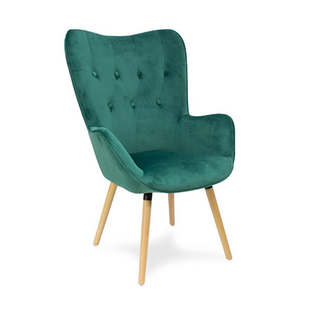 Fotel uszak z weluru pikowany na drewnianych nogach z podnóżkiem F150GR zielony