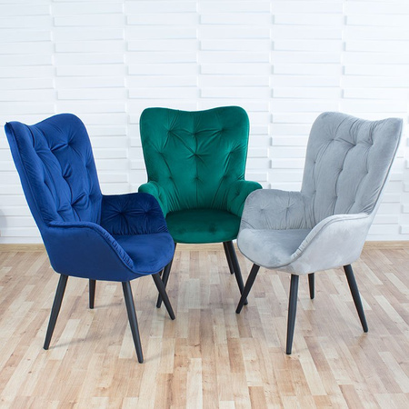 Fotel uszak z weluru na metalowych czarnych  nogach skandynawski do salonu szary F916G