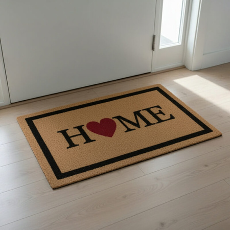 Wycieraczka pod drzwi H24038-2 – mata wejściowa 60×40 cm z nadrukiem „HOME ♥”, beżowo-czarna