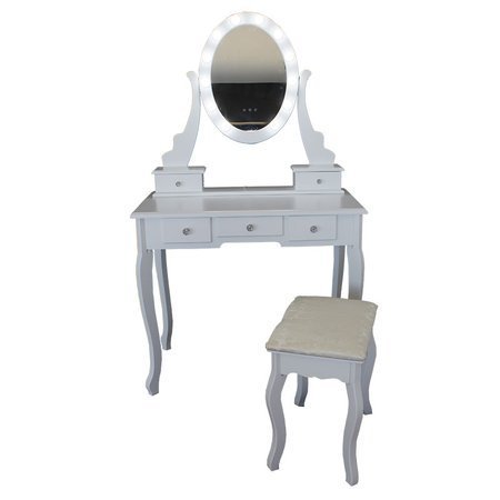  Toaletka kosmetyczna z lustrem owal z oświetleniem LED + taboret biała K001