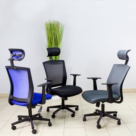 Fotel biurowy obrotowy z regulowanym oparciem i zagłówkiem do biura L208-23 niebieski