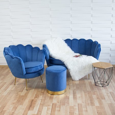 Fotel muszla welur tapicerowany na metalowych złotych nogach F101 niebieski
