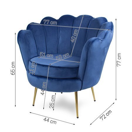Fotel muszla welur tapicerowany na metalowych złotych nogach F101 niebieski