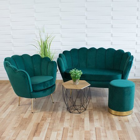 Fotel muszla welur tapicerowany na metalowych złotych nogach F101 zielony