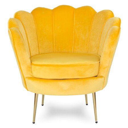 Fotel muszla welur tapicerowany na metalowych złotych nogach F101 żółty