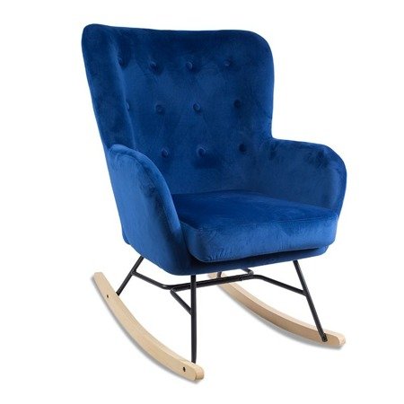 Fotel uszak na drewnianych bujanych nogach bujak do karmienia piersią welur niebieski FB203