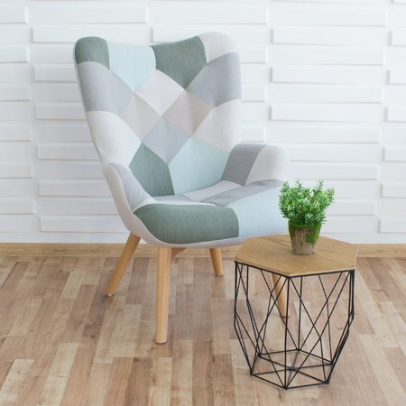 Fotel uszak patchwork tapicerowany na drewnianych bukowych nogach skandynawski F920