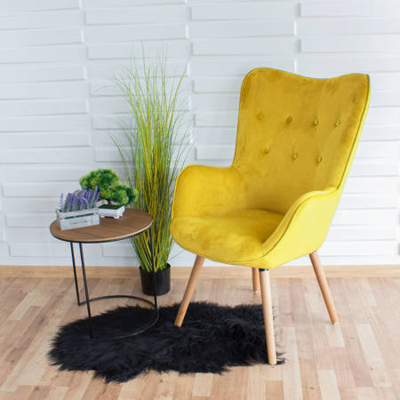 Fotel uszak skandynawski na drewnianych bukowych nogach wypoczynkowy żółty 907Y