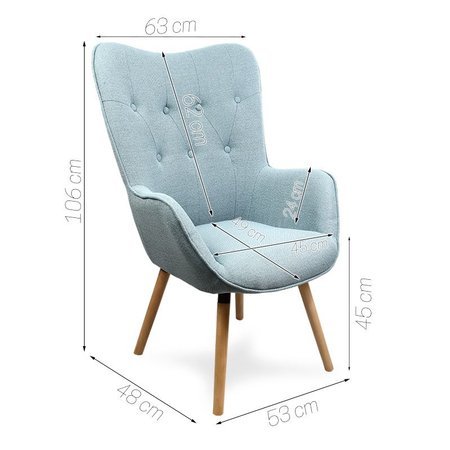 Fotel uszak skandynawski retro na bukowych nogach tapicerowany niebieski F900BL