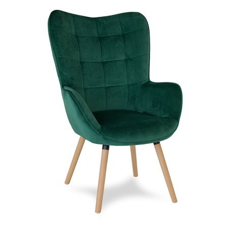 Fotel uszak skandynawski welur retro do salonu na drewnianych bukowych nogach ciemno zielony F410DGR