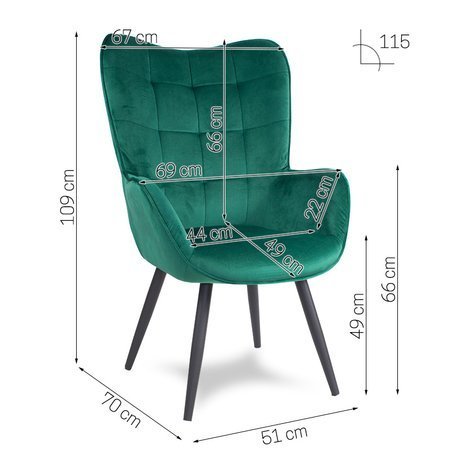 Fotel uszak skandynawski welur retro do salonu na metalowych czarnych nogach ciemno zielony F420DGR