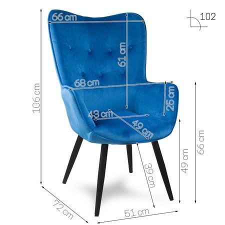 Fotel uszak skandynawski welur retro do salonu na metalowych nogach niebieski F908BL