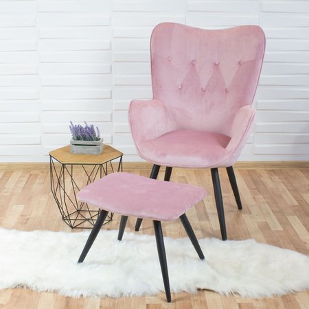 Fotel uszak skandynawski welur retro do salonu na metalowych nogach różowy F908P